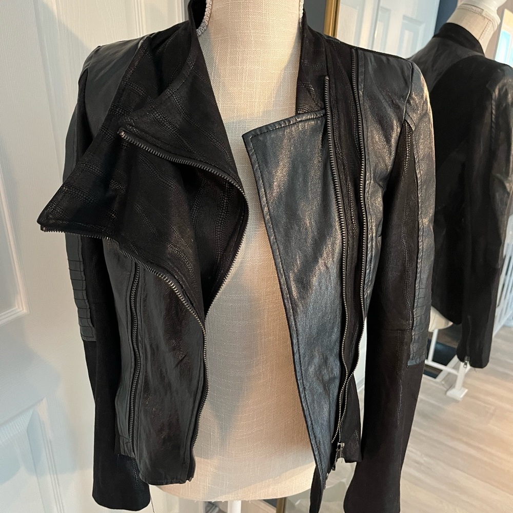AKIRA Black Leather Moto Jacket Asymmetrical Zipper Notched Lapel